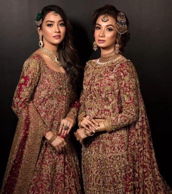 wedding long trail gown with golden embroidery