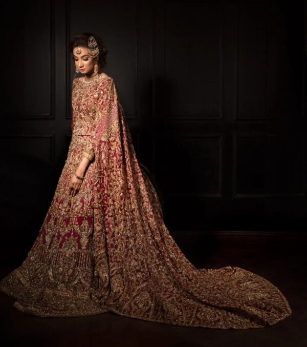 wedding golden embroidered gown with long trail