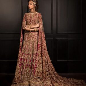 Golden bridal long trail gown with embroidery