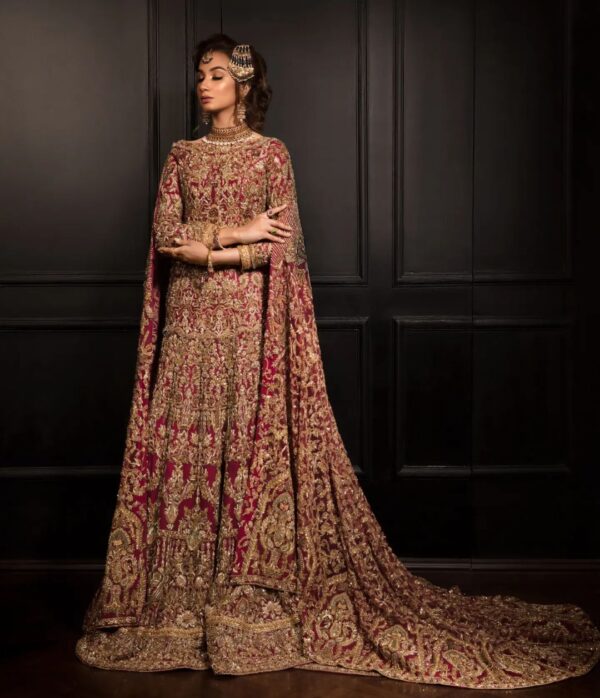 Golden bridal long trail gown with embroidery