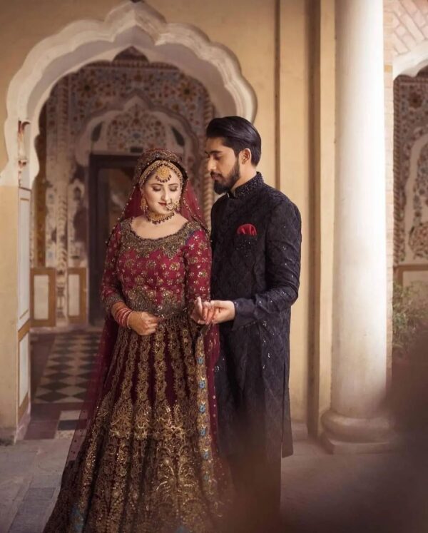 maroon and golden bridal lehenga