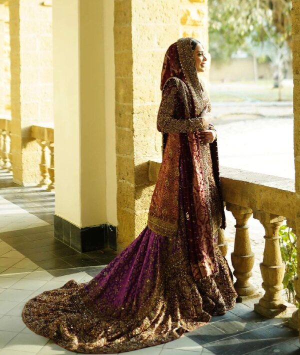 Wedding long kameez with lehenga with long trail