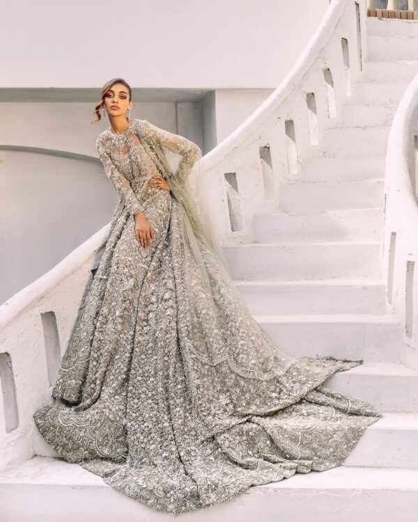 long trail bridal gown with silver embroidery
