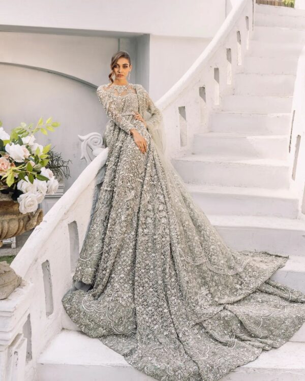 wedding long trail bridal gown with hand work