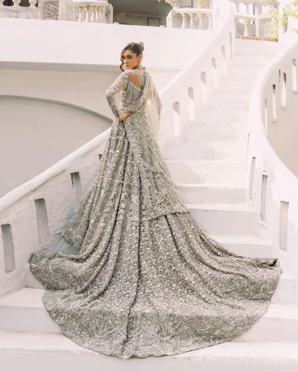 embroidered long trail wedding gown