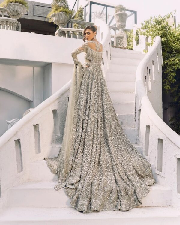 bridal long trail gown with silver embroidery