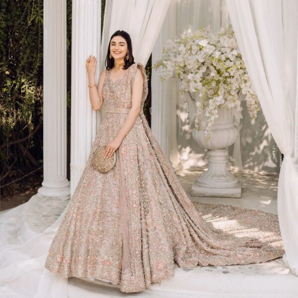 wedding long trail gown with golden embroidery