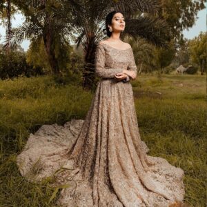 Ivory wedding gown with long trail
