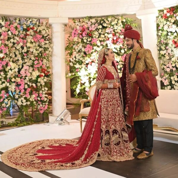 red bridal gown with long trail