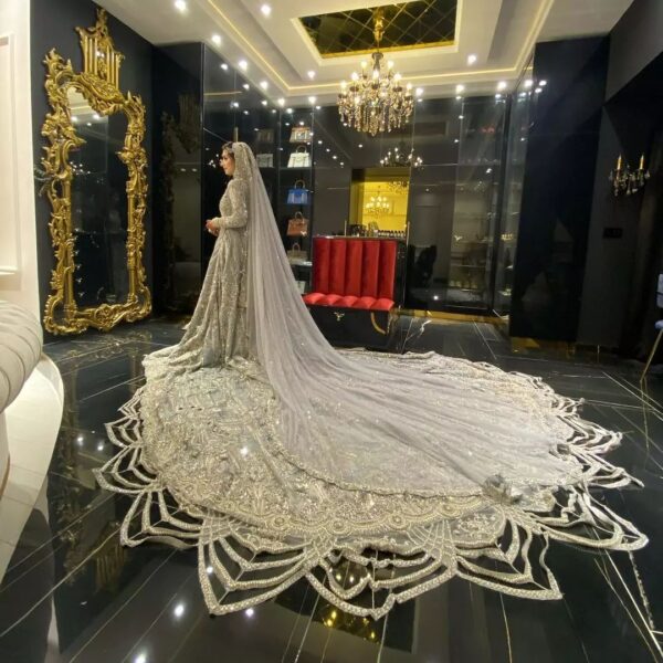 Wedding long trail bridal gown with silver embroidery