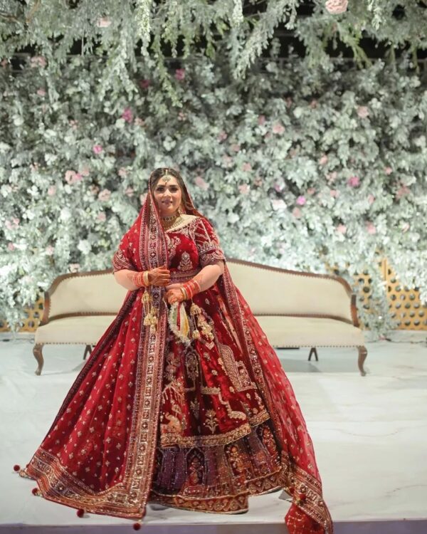 red bridal double layer lehenga with crop top