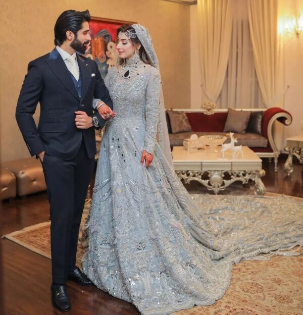 ice blue color bridal long trail gown