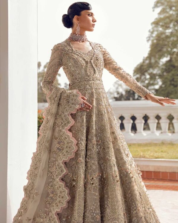 long trail wedding gown with embroidery