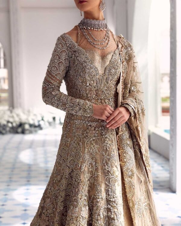 long trail wedding gown with embroidery