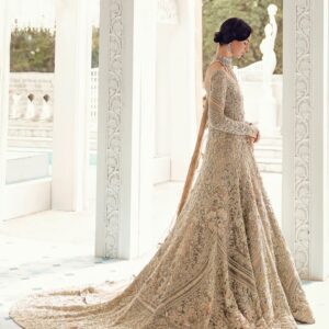 Ivory long trail gown with embroidery