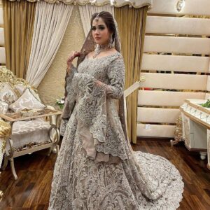 Ivory long trail bridal gown