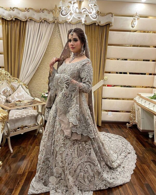 Ivory long trail bridal gown