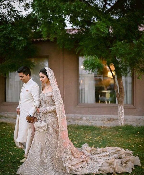 long trail gown with hand work