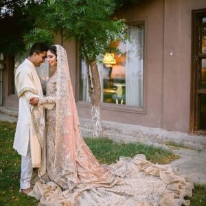 Ivory long trail gown with hand work