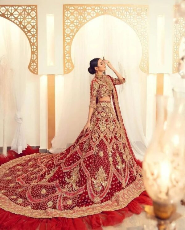 Red long trail wedding lehenga with embroidered crop top
