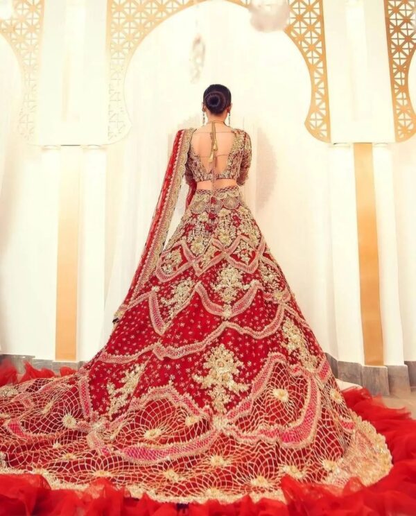 red wedding long trail lehenga