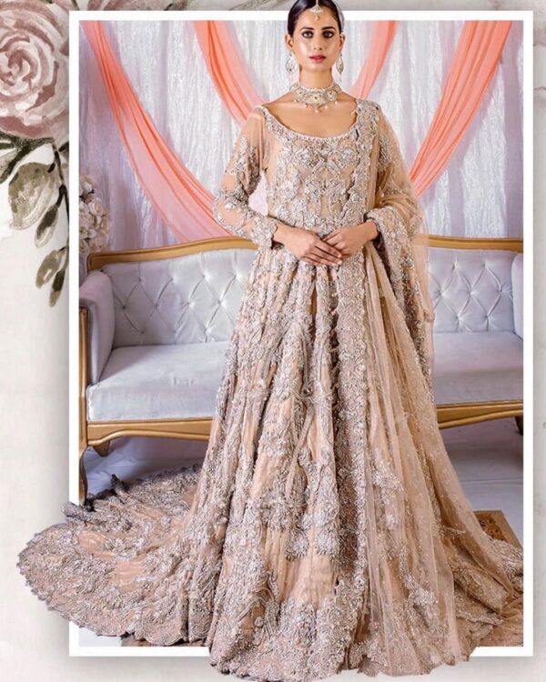 Ivory wedding long trail gown with silver embroidery
