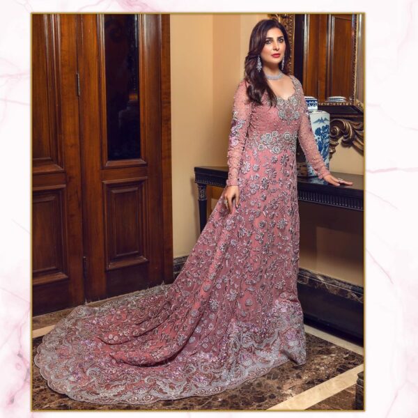 rose pink wedding gown with hand work