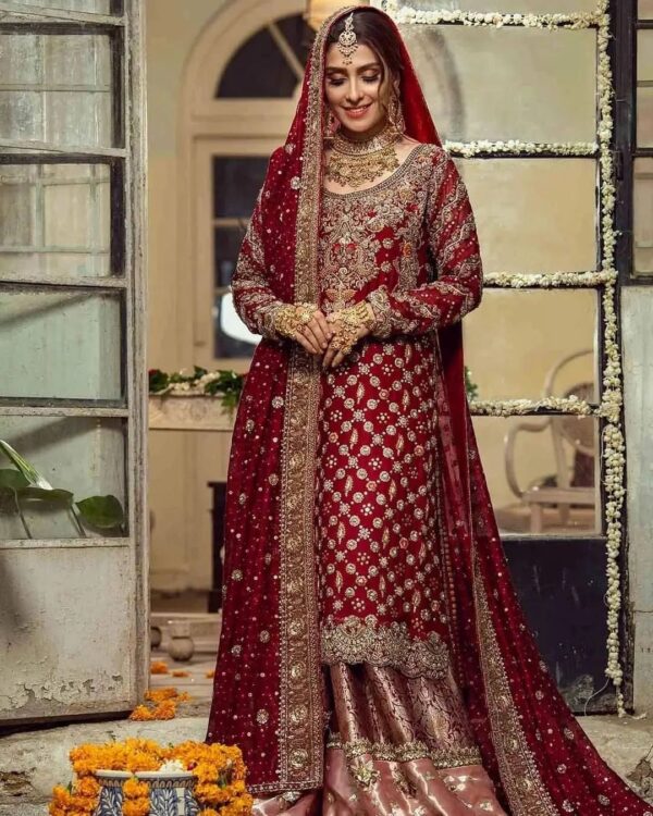 maroon long kameez with wedding lehenga