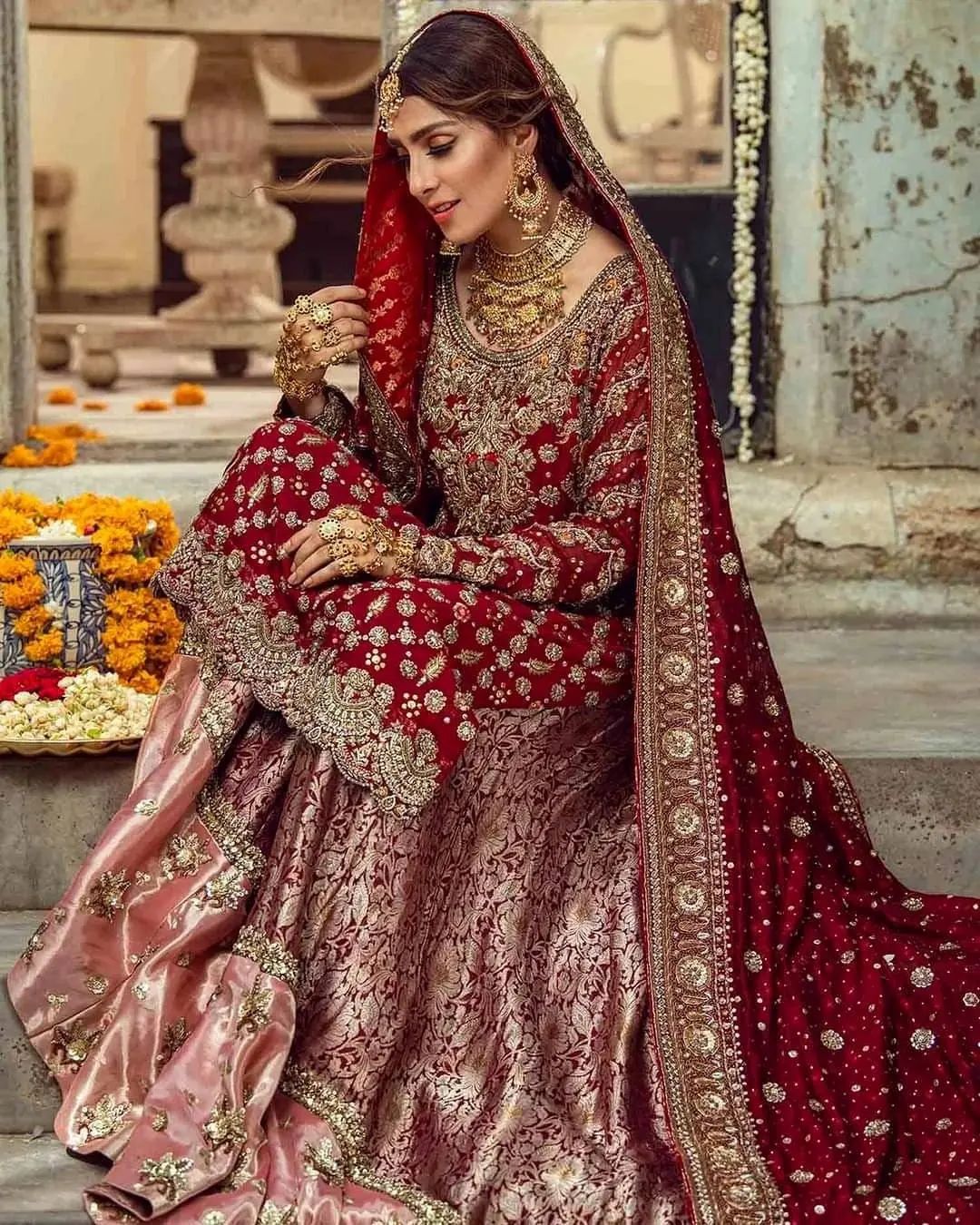 Red Designer Pakistani Bridal Long Trail Lehenga with Embroidered Kameez -