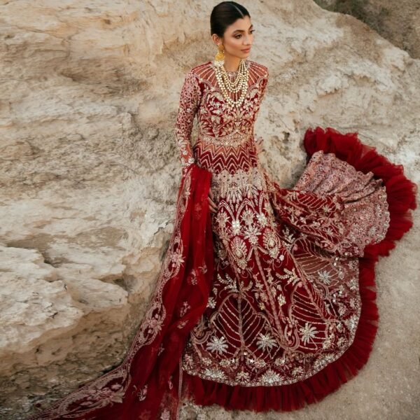wedding long trail gown with hand work