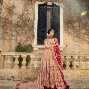 peach wedding gown with golden embroidery