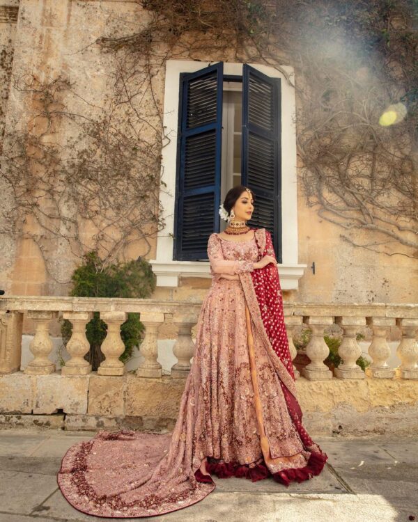 peach wedding gown with golden embroidery