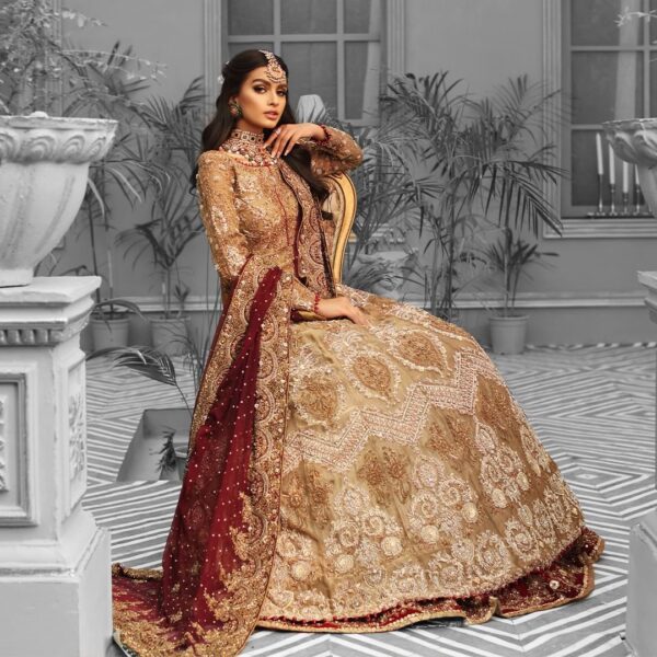 Long golden anarkali with maroon lehenga