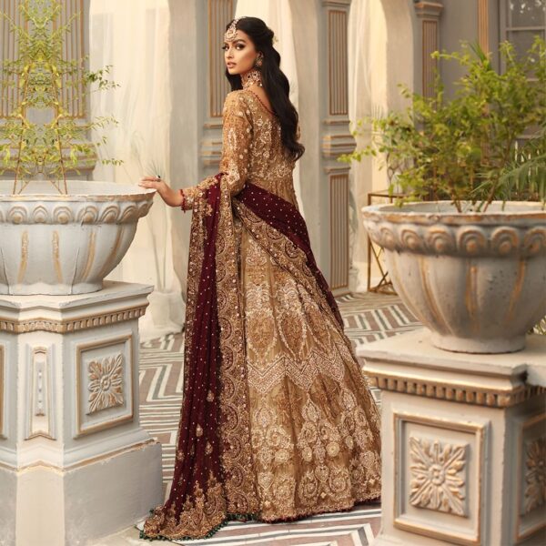 golden long anarkali with maroon lehenga