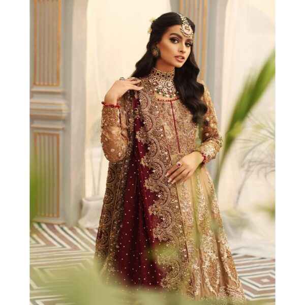 long anarkali with maroon lehenga