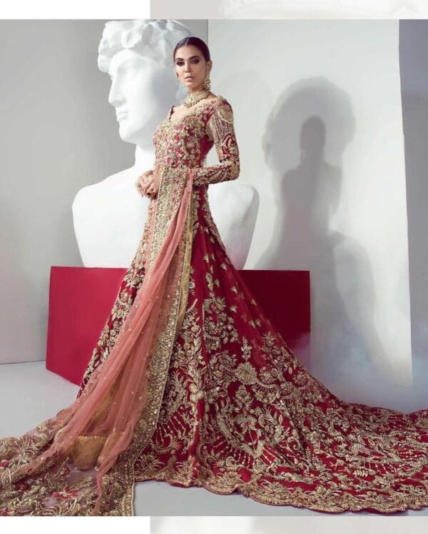 long trail lehenga with golden embroidery