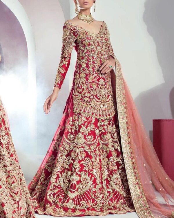 red long trail lehenga with golden embroidery kameez