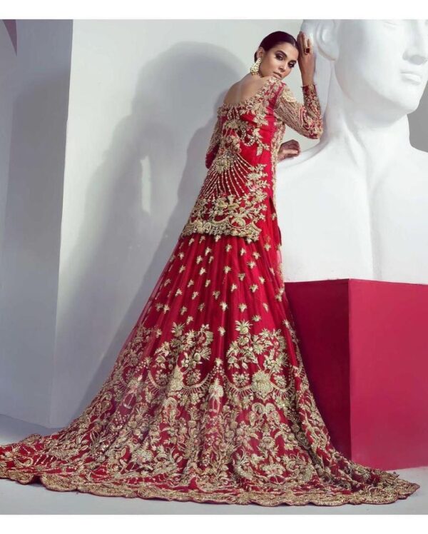 Long trail wedding lehenga with hand work