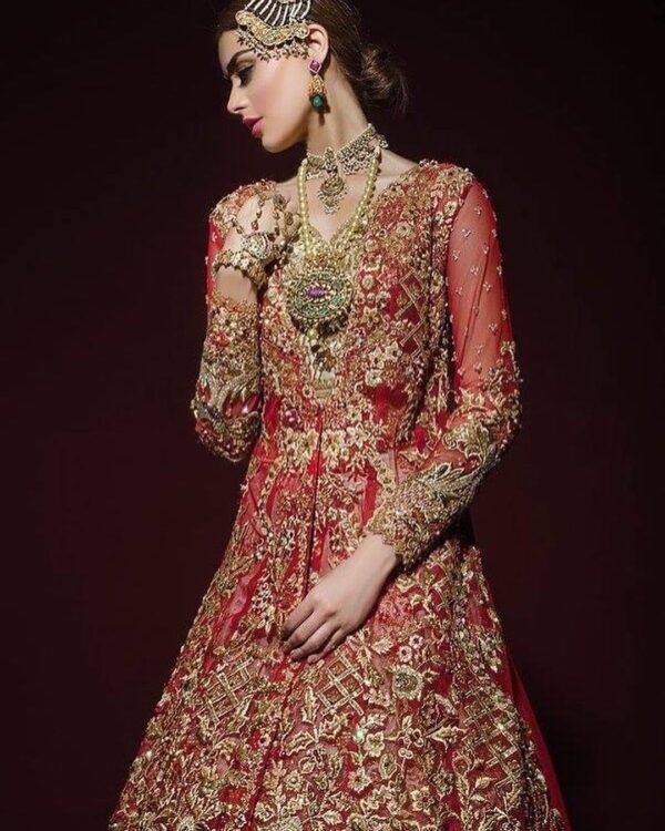 golden embroidered red long kameez with golden embroidery