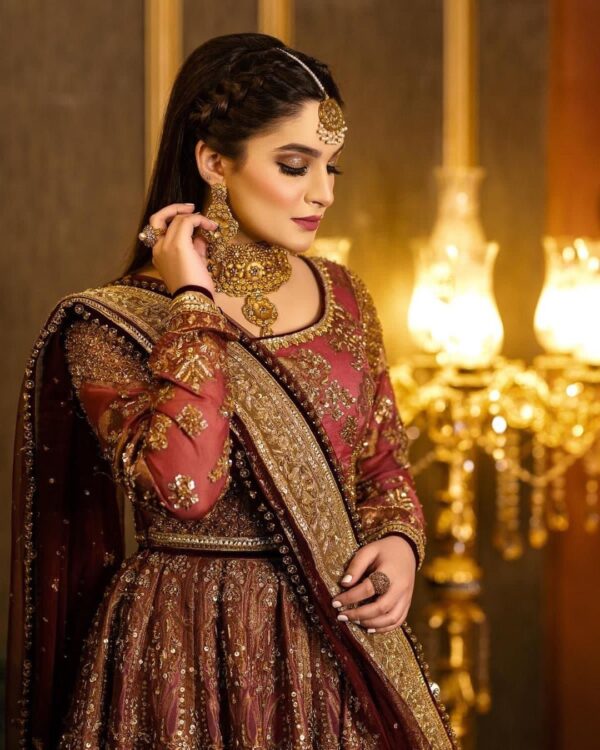 long wedding anarkali with golden embroidery