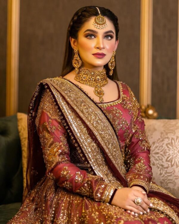 wedding long anarkali with golden embroidery