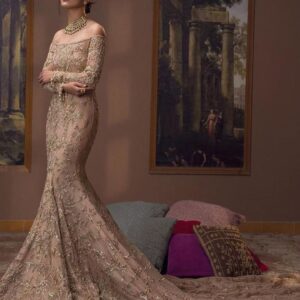 Long trail wedding gown with golden embroidery
