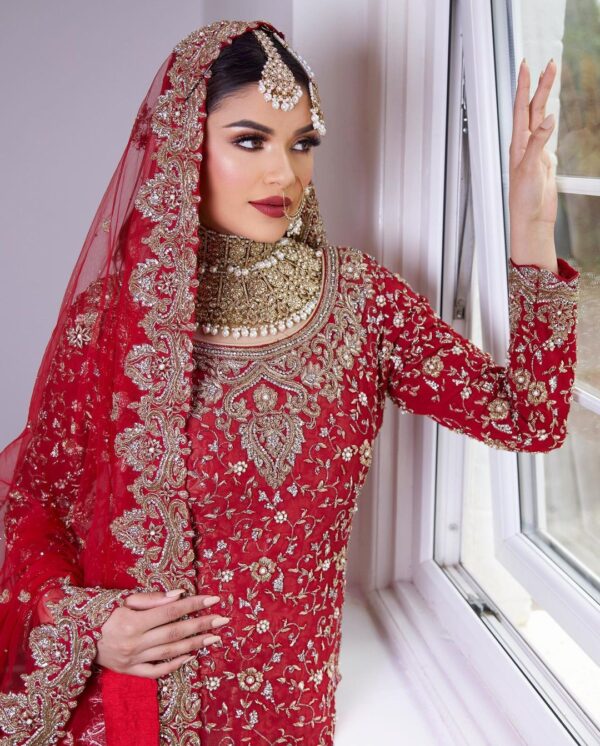 red wedding long trail lehenga