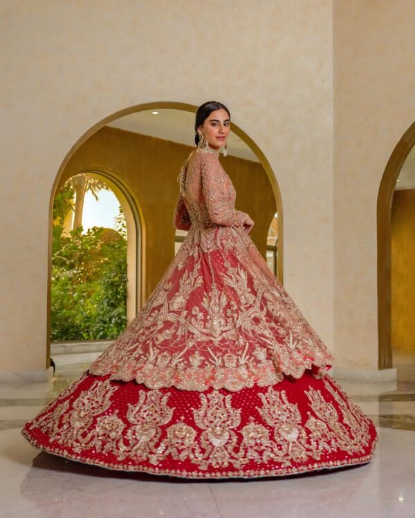 Red long anarkali with lehenga