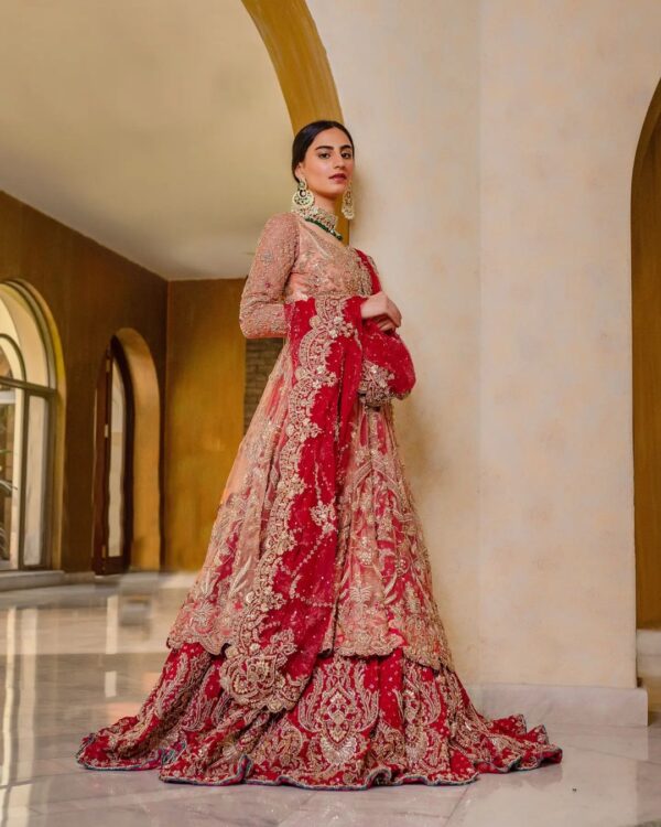 red long anarkali with red lehenga