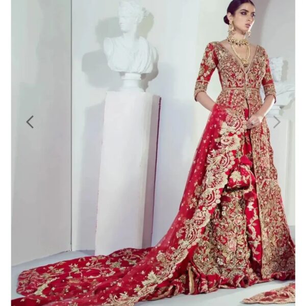 long trail wedding lehenga with hand work