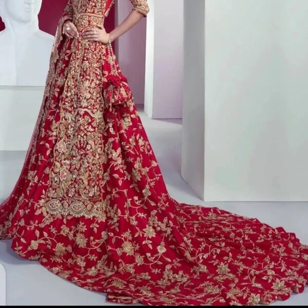 Red long trail lehenga with golden embroidery