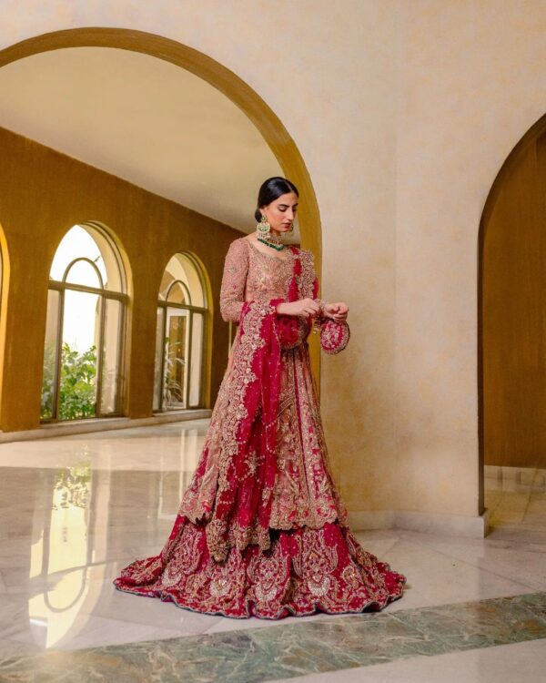Red long anarkali with red lehenga with golden embroidery