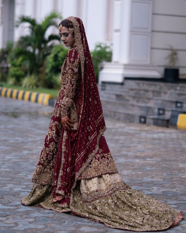 long trail wedding anarkali with lehenga with hand work