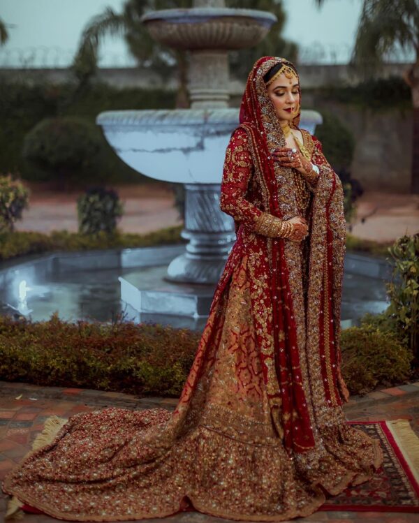 red long kameez with golden embroidery lehenga